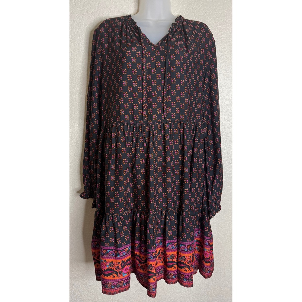 Beachlunchlounge Womens M Dress Black Floral Tiered Boho Long Sleeve‎ Prairie